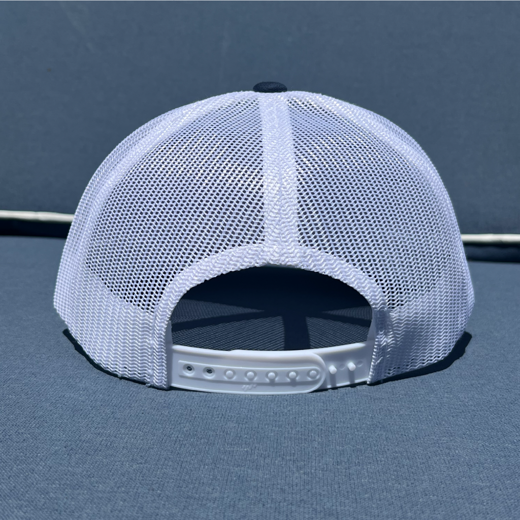 Rear of Blue and White American Flag Trucker Hat 