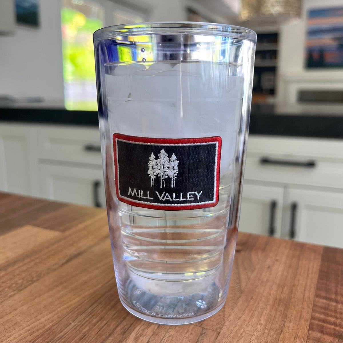 Lowkey Local 16oz Tervis tumbler featuring a Mill Valley redwood trees patch on clear double-wall insulated plastic