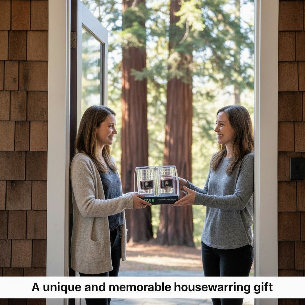 Lowkey Local Mill Valley Tervis tumbler set held by two women in a doorway with redwood trees in the background.