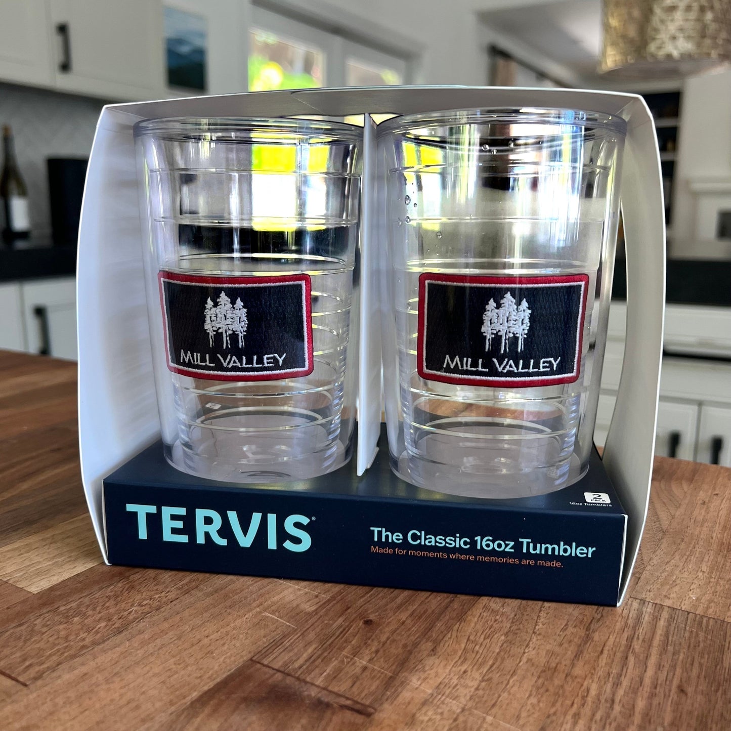 Lowkey Local Mill Valley Redwood Trees 16oz Tervis tumbler set with double-wall insulation in clear BPA-free plastic.