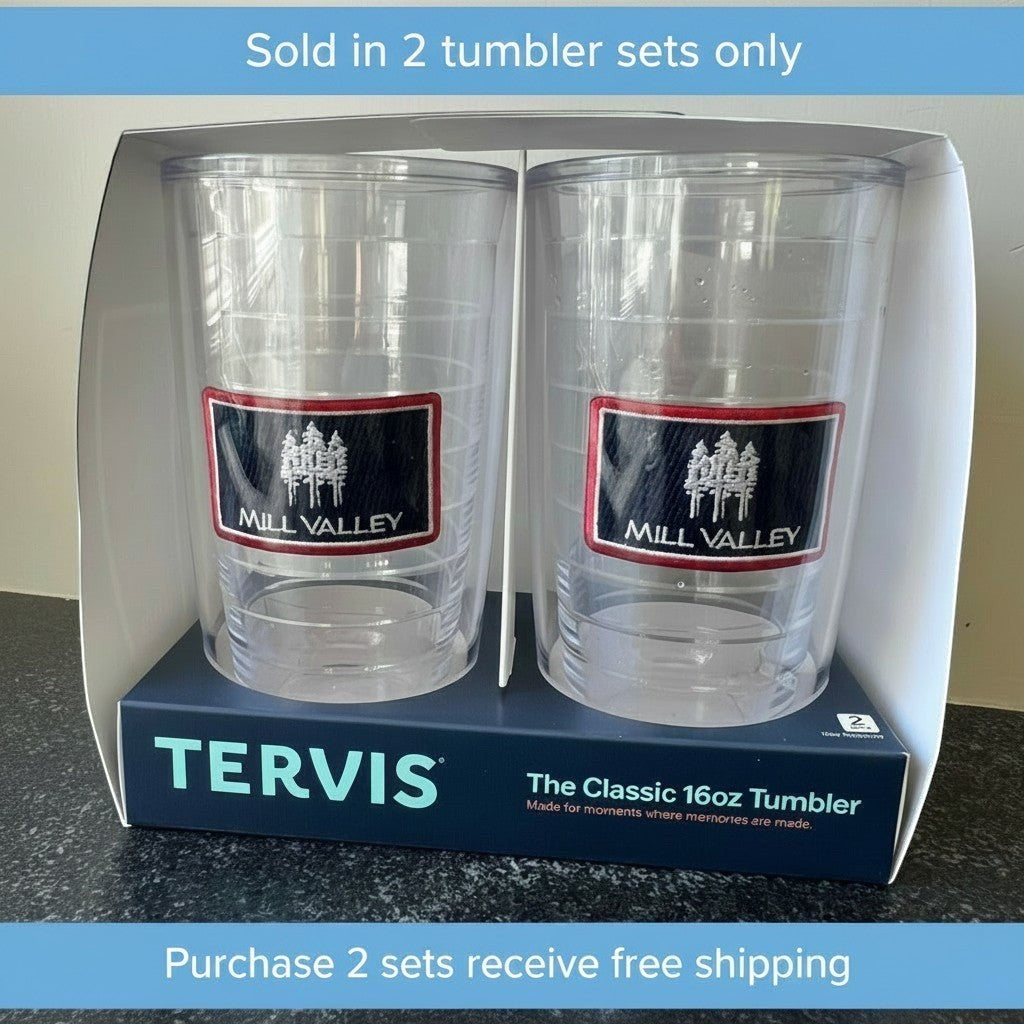 Lowkey Local Mill Valley Tervis 16oz double-wall insulated tumbler set with coastal sequoia tree logo