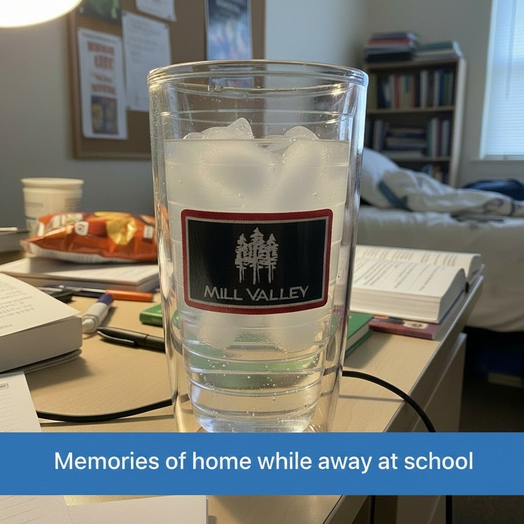 Lowkey Local Mill Valley 16oz double-wall insulated Tervis tumbler filled with ice on a desk