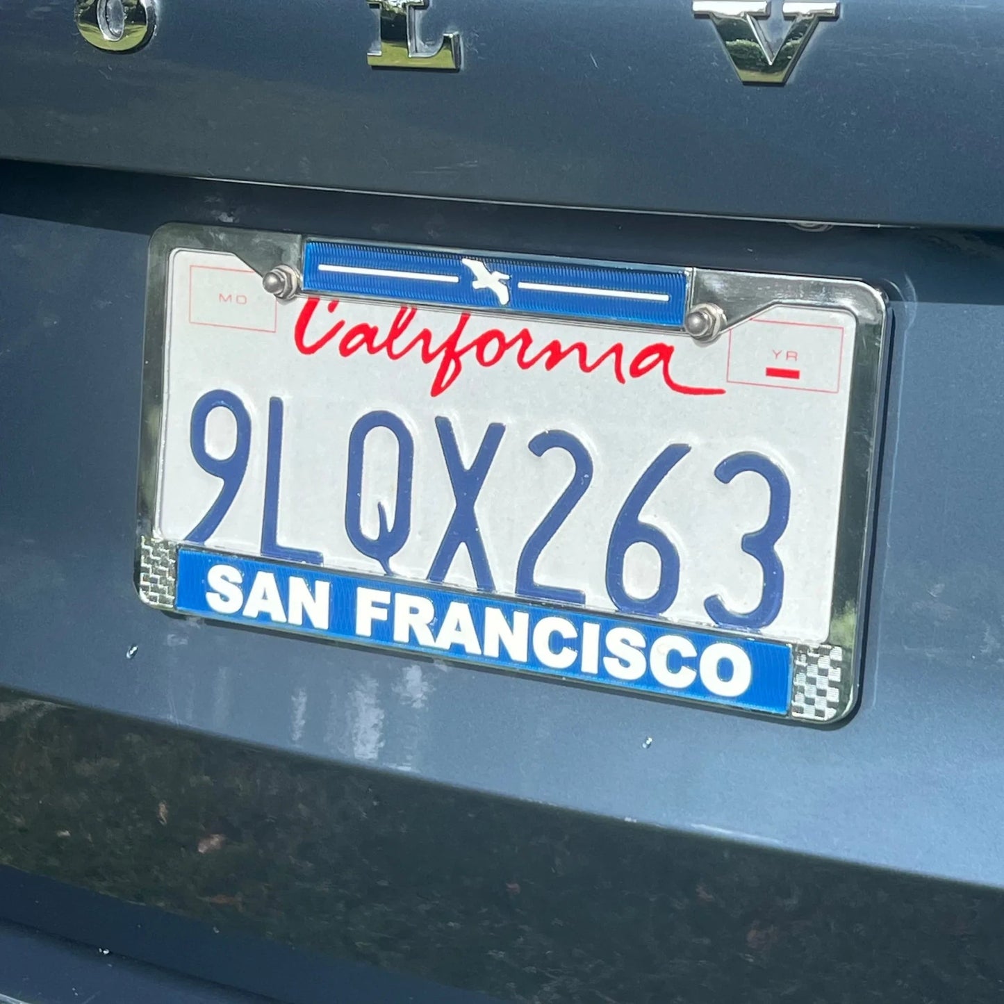 Lowkey Local San Francisco license plate frame in navy blue die cast metal with white lettering and pelican icon.