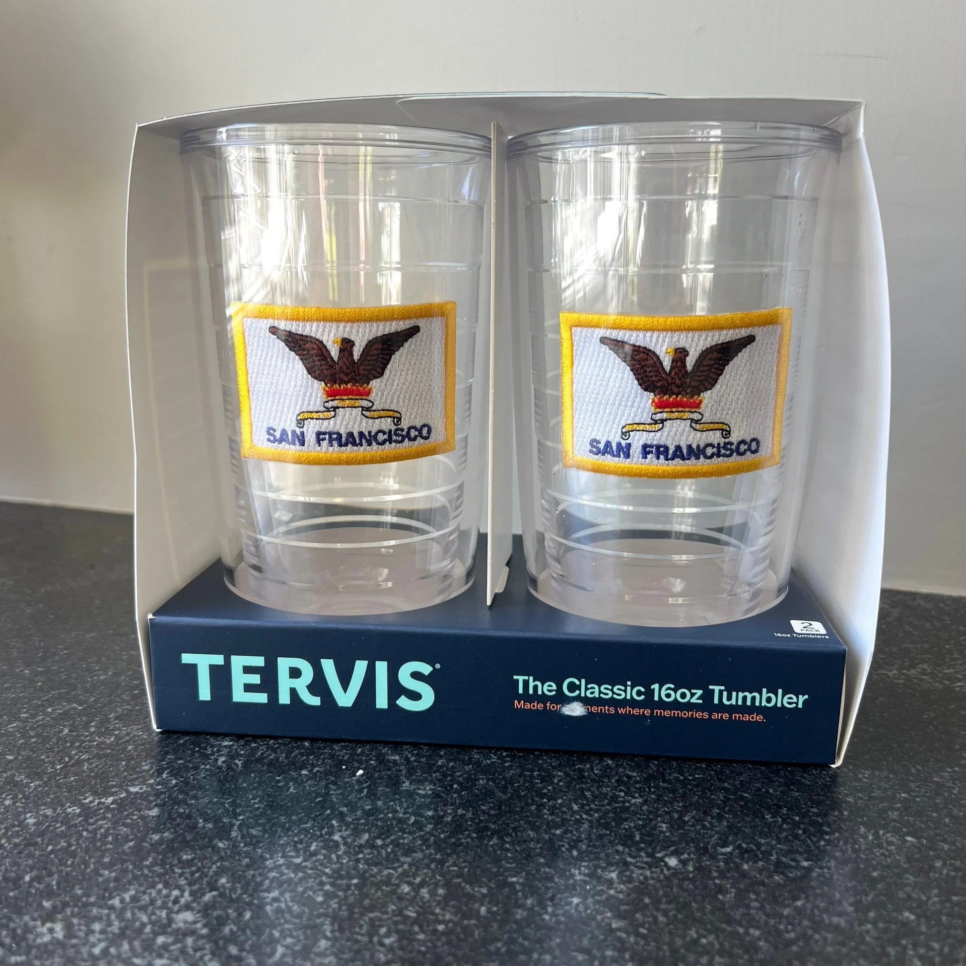 Lowkey Local San Francisco city flag 16oz Tervis tumbler set in clear BPA-free insulated plastic packaging