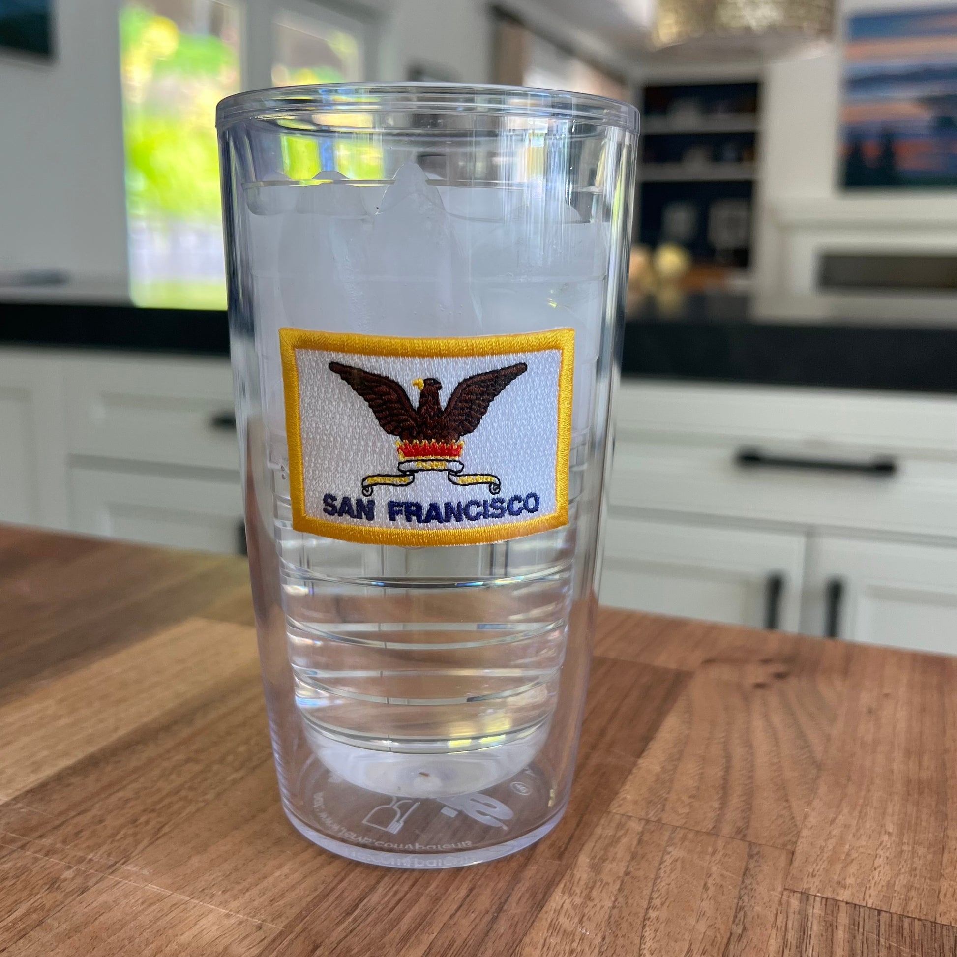 Lowkey Local 16oz clear insulated Tervis tumbler featuring an embroidered San Francisco city flag patch
