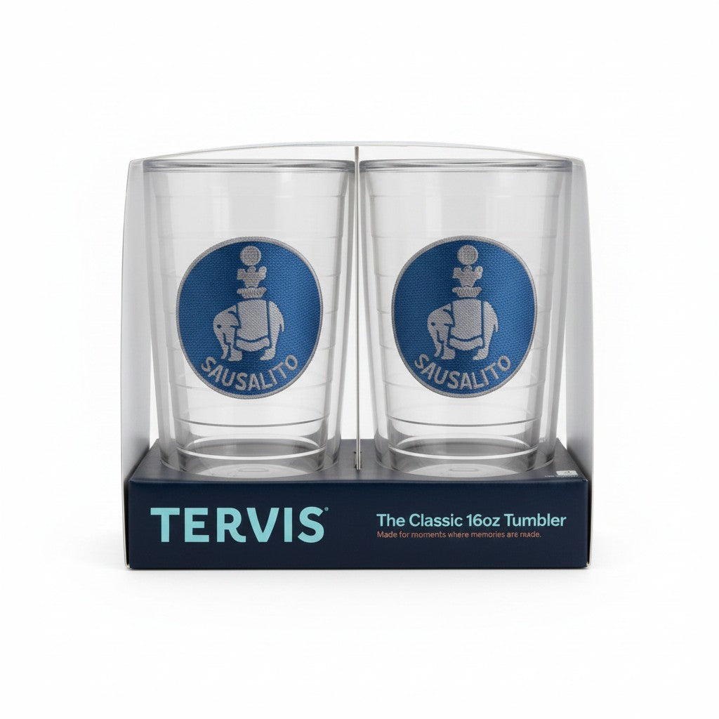 Lowkey Local Sausalito elephant 16oz Tervis tumbler set with double-wall insulated clear plastic construction