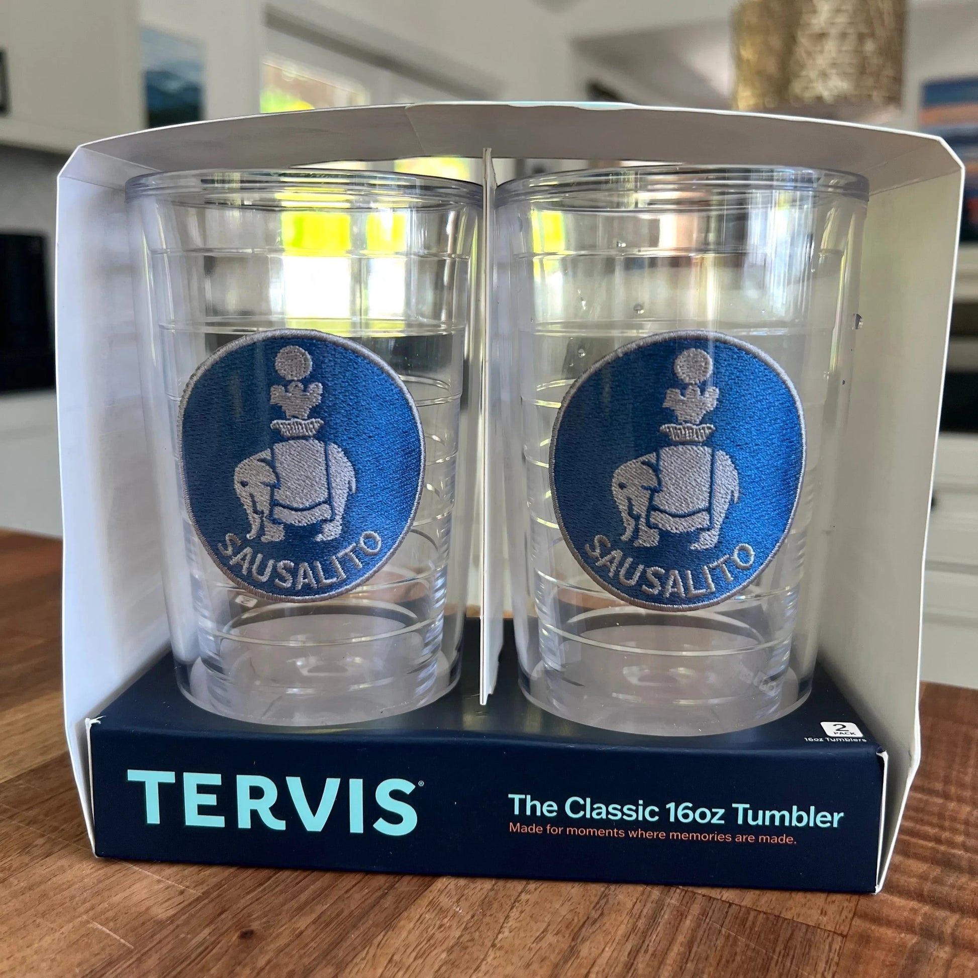 Lowkey Local Sausalito Elephant Tervis 16oz tumbler set with double-wall clear insulated design in retail packaging
