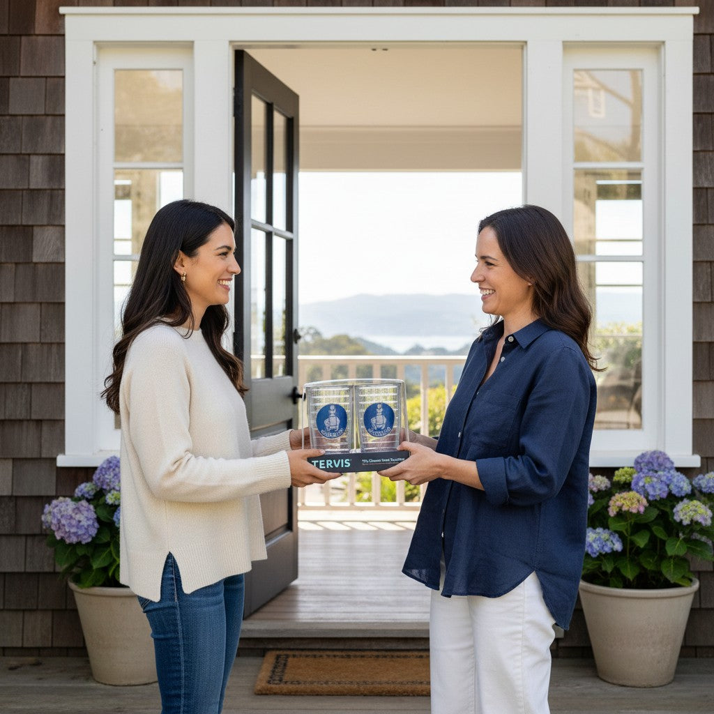 Two women holding a Lowkey Local Sausalito Elephant Tervis Tumbler set in front of a coastal home entrance.