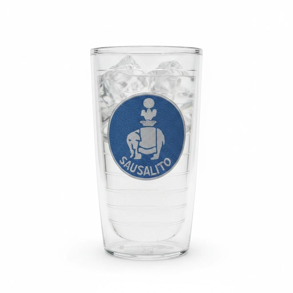 Lowkey Local 16oz Tervis tumbler featuring a blue Sausalito elephant logo, double-wall insulated clear plastic design.