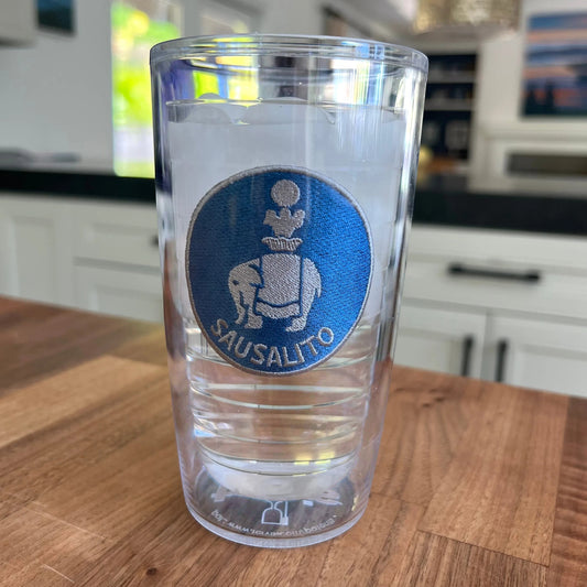 Lowkey Local 16oz Tervis tumbler featuring a Sausalito elephant patch, double-wall insulated clear plastic