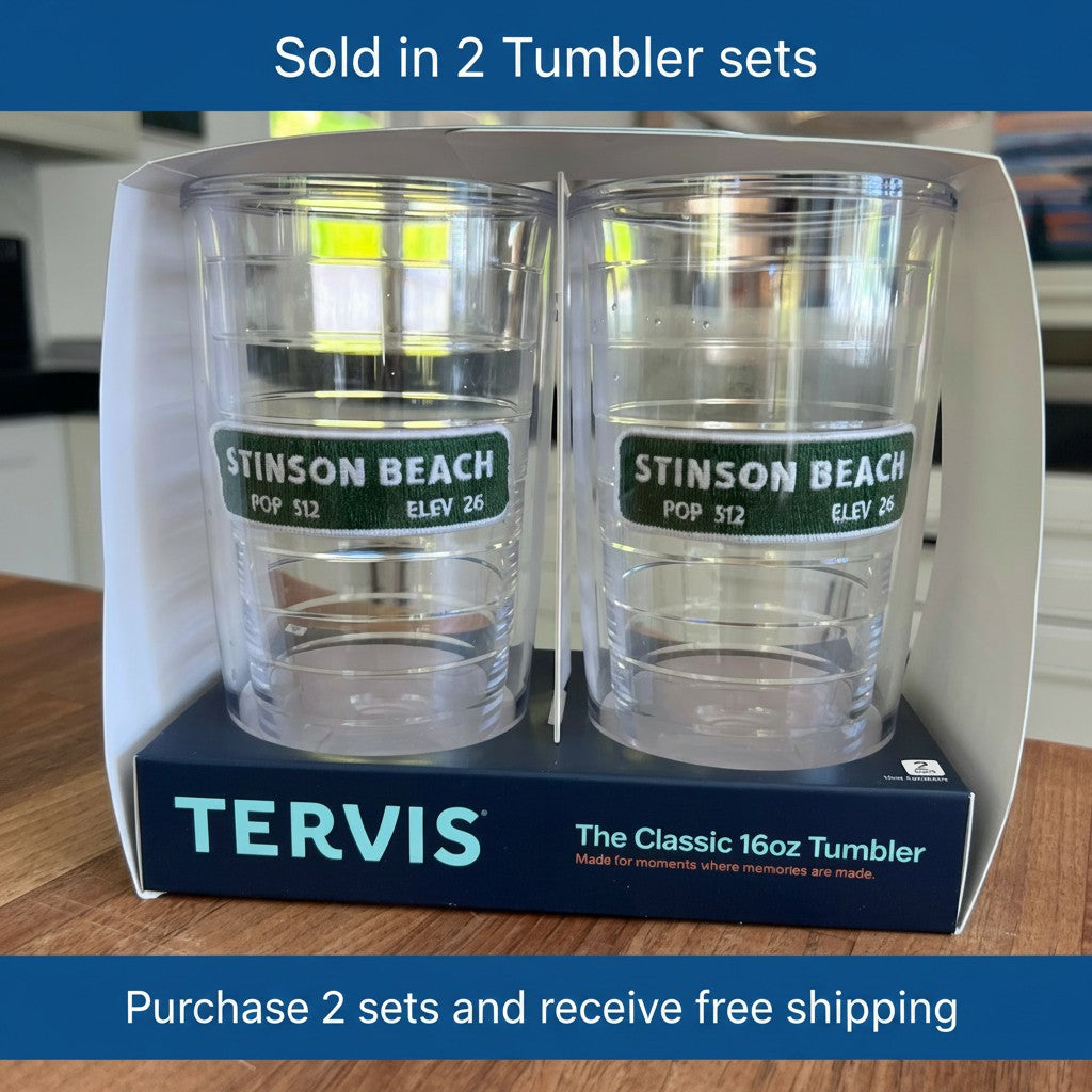Lowkey Local Stinson Beach Tervis tumbler set featuring double-wall insulated clear plastic 16oz cups