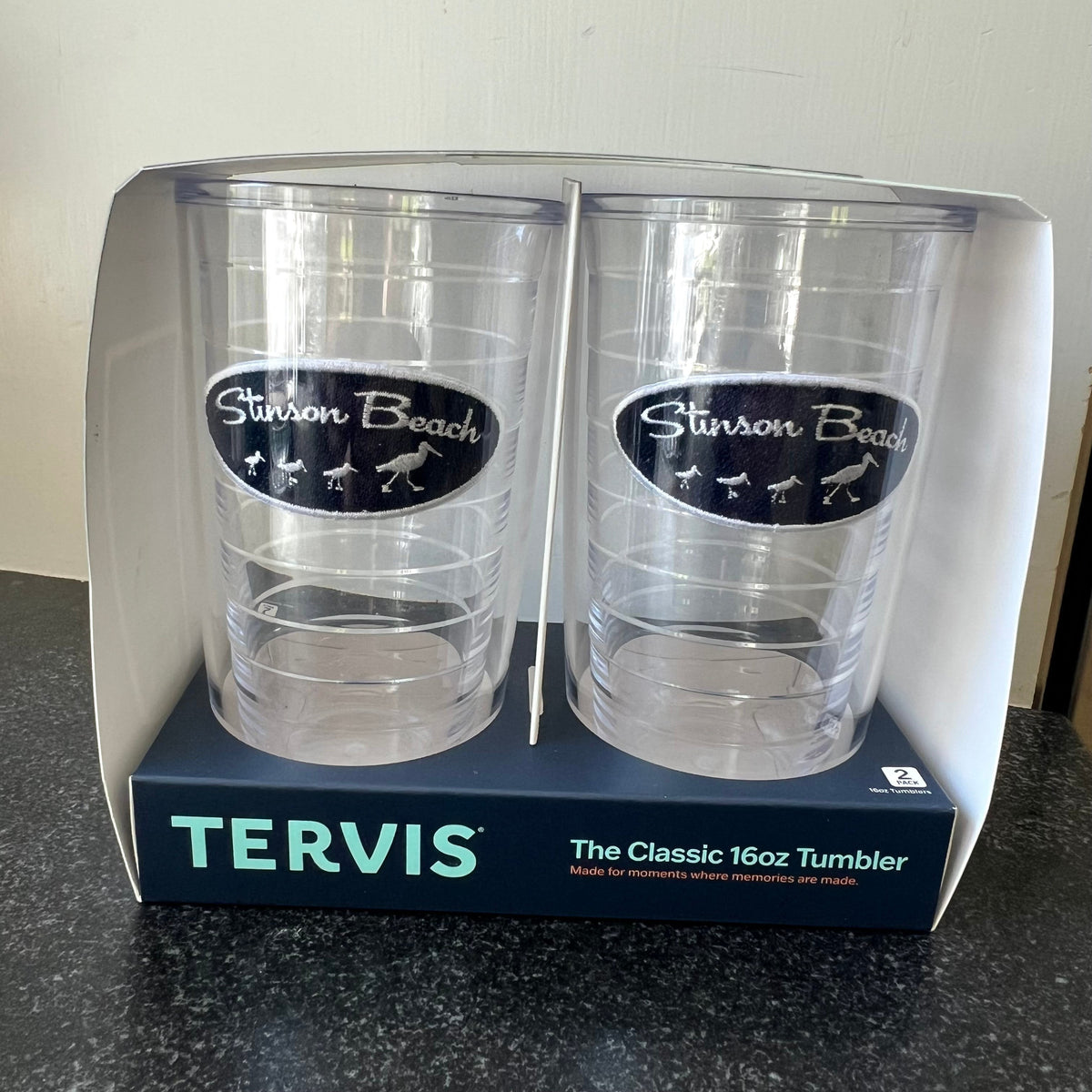 Lowkey Local Stinson Beach Tervis tumbler set featuring shore bird graphics on clear double-wall insulated cups