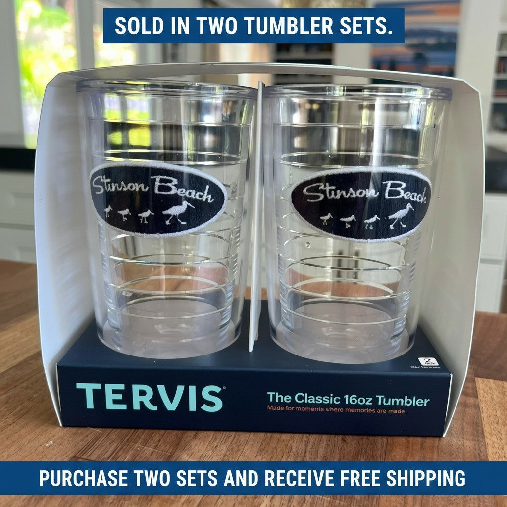 Lowkey Local Stinson Beach Tervis tumbler set of two 16oz clear insulated cups with shore bird graphics
