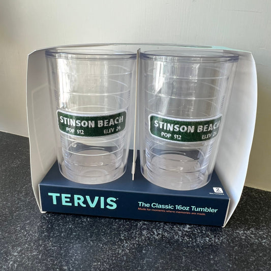 Lowkey Local Stinson Beach Tervis tumbler set featuring two 16oz clear insulated cups with green city limit labels.