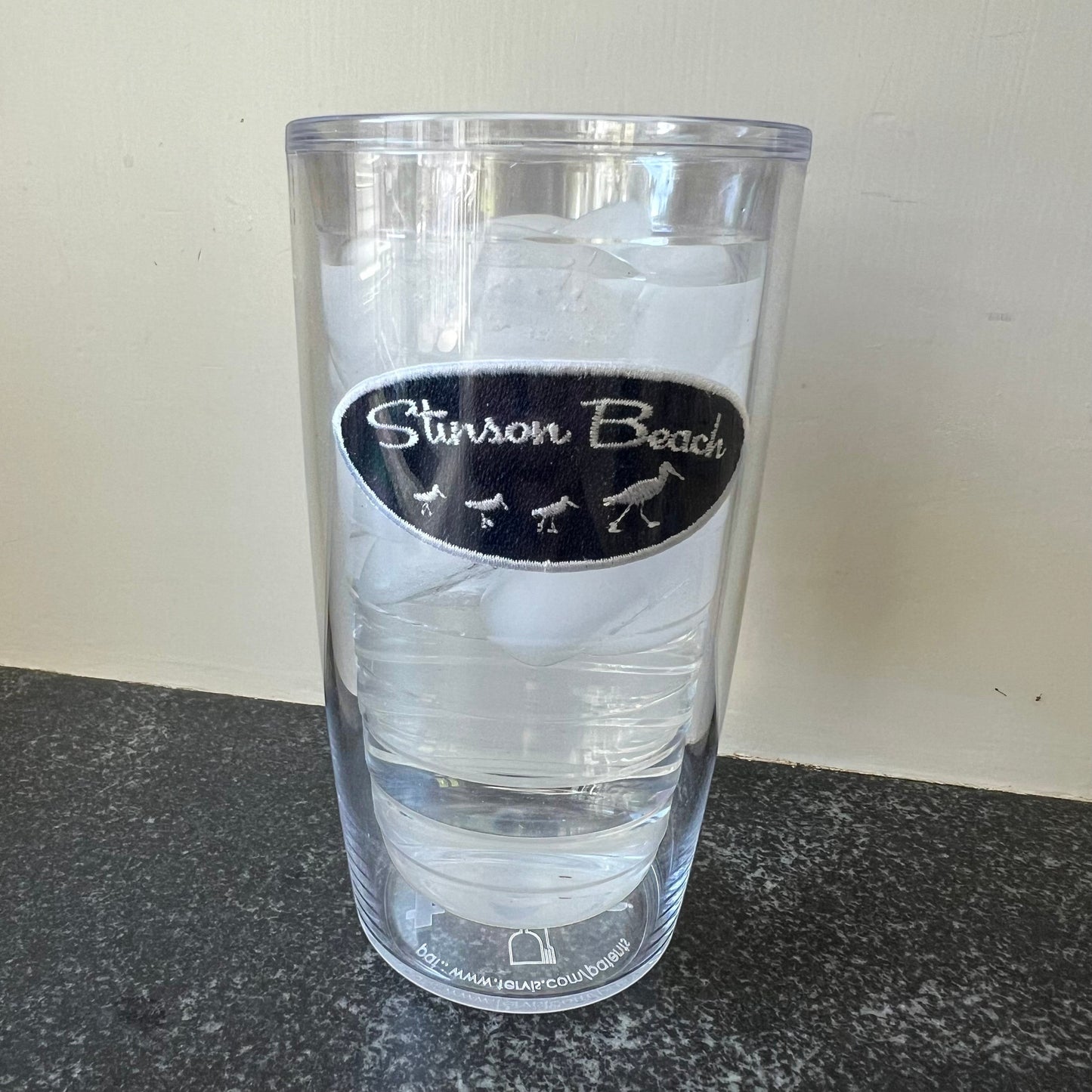 Lowkey Local Stinson Beach Tervis tumbler featuring a Navy Blue oval classic patch with shore bird embroidery